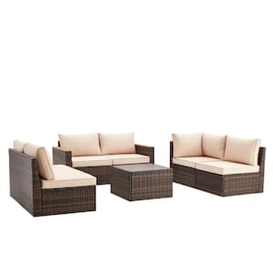 7-Pieces Brown Durable Wicker Patio Conversation Set,Outdoor Couch Sectional Sofa,with Khaki Cushions,for Backyard,Lawn