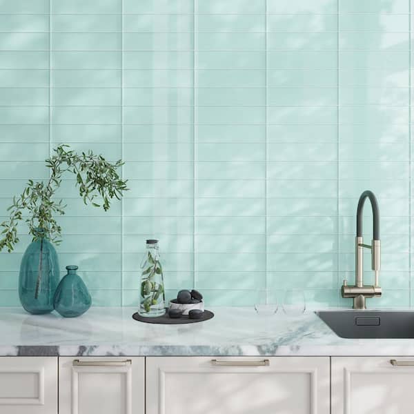 Light Blue 3-in. x 12-in. Polished Glass Mosaic Floor and Wall Tile (5 Sq ft/case)