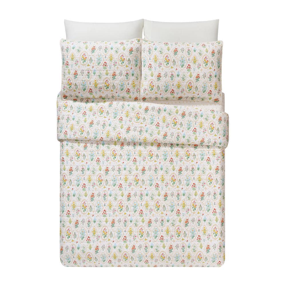 White Floral Reversible Cotton Full Quilt Set