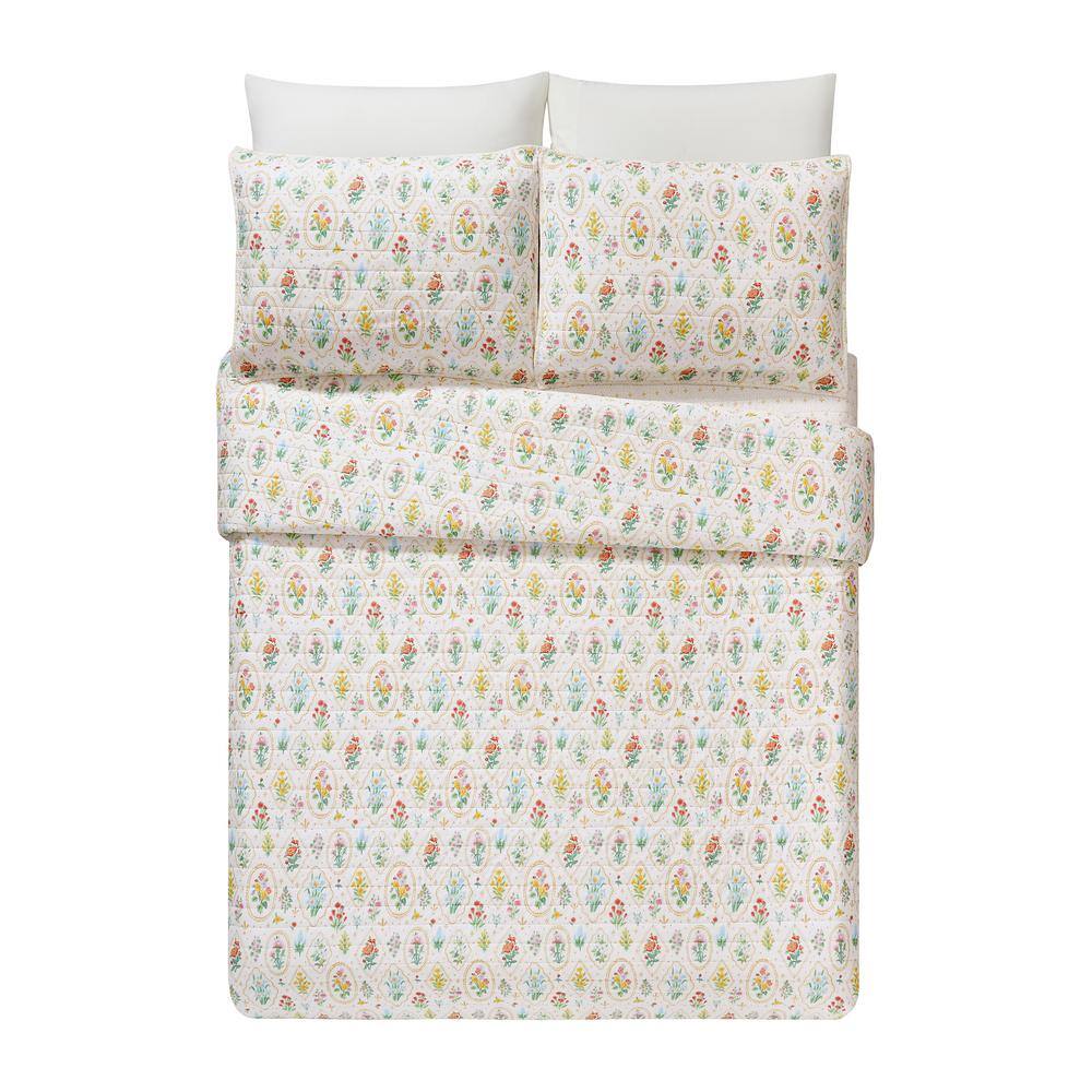White Floral Reversible Cotton King Quilt Set