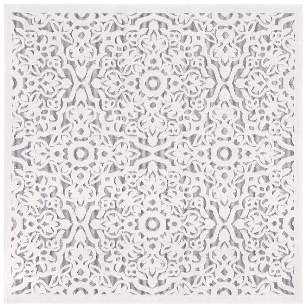 SAFAVIEH Cabana Ivory/Gray 8 ft. x 8 ft. Border Medallion Indoor/Outdoor Patio  Square Area Rug