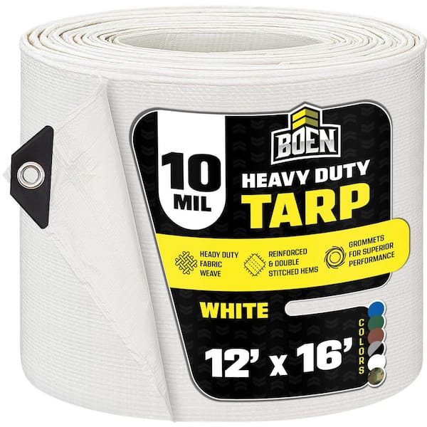 BOEN 12 ft. x 16 ft. Heavy-Duty Commercial White Tarp Cover 10 Mil Thick Weave Material, Waterproof