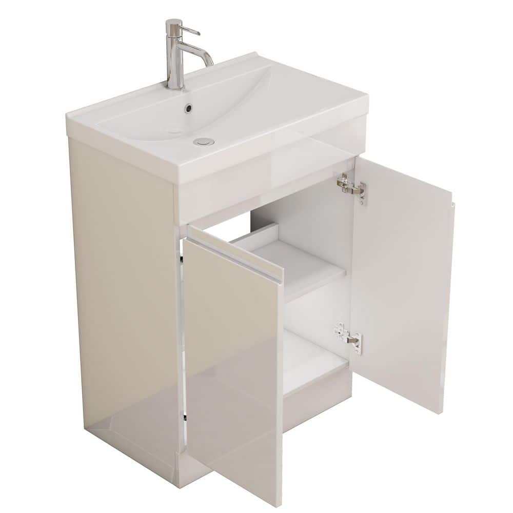 24 in. Glossy White Wood Rectangle Vessel Sink Bathroom Vanity Combo with Shelf, Handle Free Desig price history on PriceWatchPro