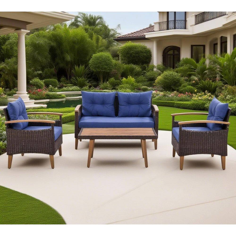 4-Piece Wicker Patio Conversation Set with Wood Top Table, Blue ...
