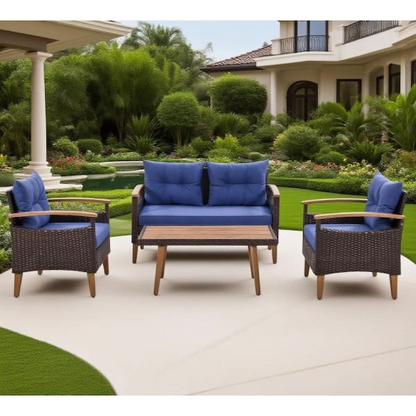 4-Piece Wicker Patio Conversation Set with Wood Top Table, Blue ...