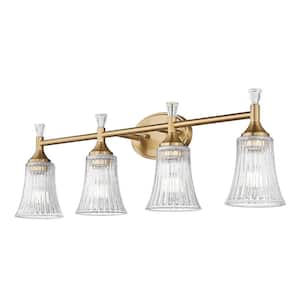 30 in. Modern 4-Light Gold Finish Vanity Lighting Fixtures with Bell Shaped Fluted Glass
