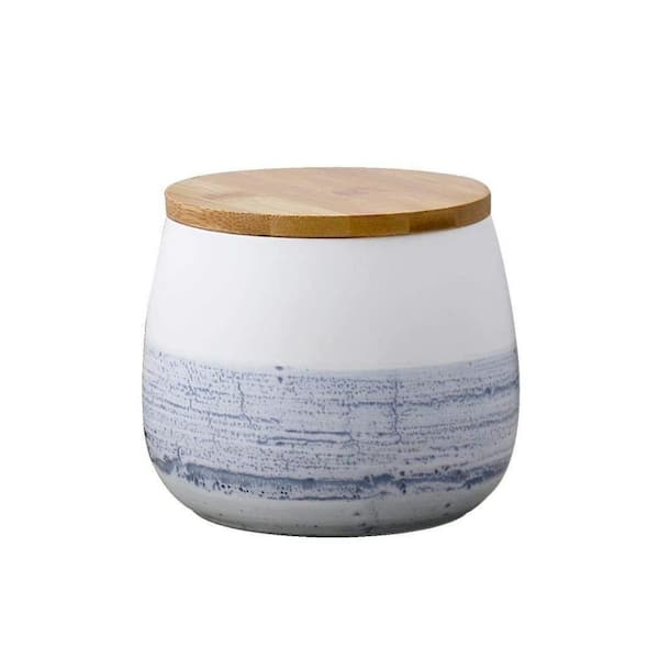 White Ceramic Airtight Food Storage Canister with Bamboo Lid for Coffee Tea Sugar and Spice 700ml