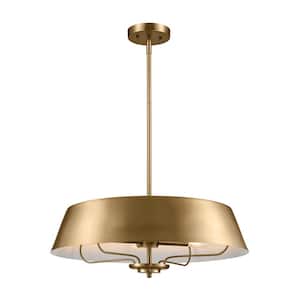Luella 22 in. 4-Light Brushed Natural Brass Traditional Shaded Hallway Convertible Pendant Hanging Light to Semi-Flush