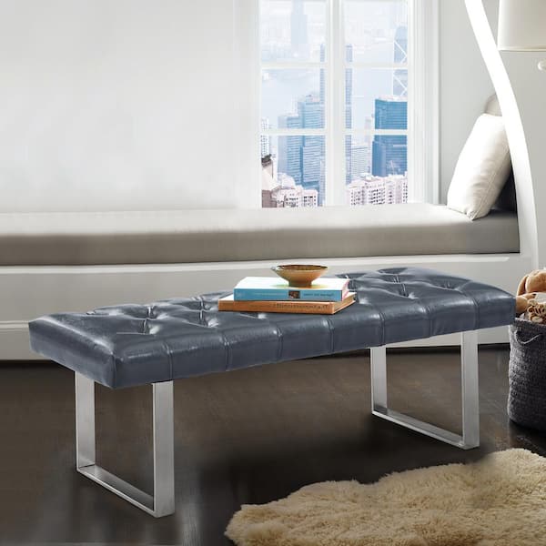 Armen Living Plaza Grey Faux Leather and Brushed Stainless Steel Contemporary Bench