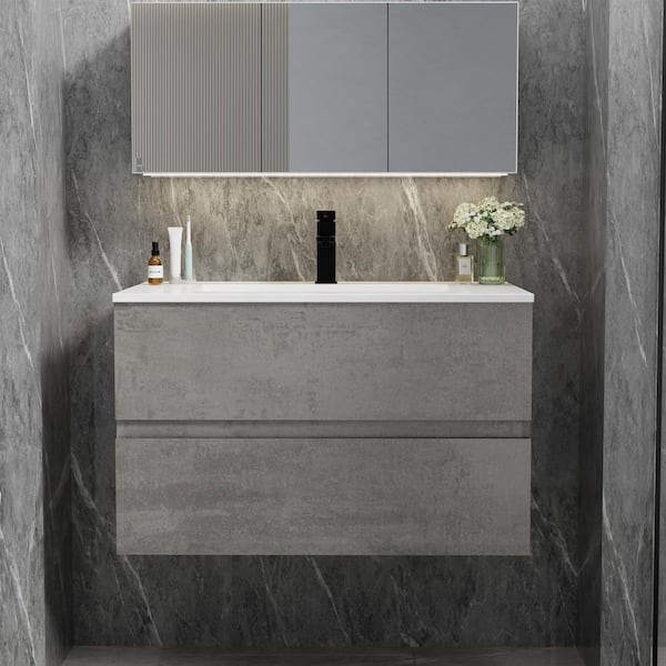30 in. W x 18.1 in. D x 18.1 in. H Single Sink Floating Gray Bath Vanity with White Integrated Composite Resin Top