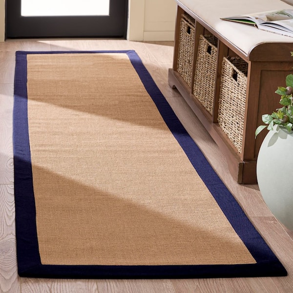Natural Fiber 2 ft. x 8 ft. Natural/Navy Coastal Bordered Solid Runner Rug