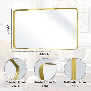 30 in. W x 48 in. H Rectangular Modern Aluminum Framed Rounded Gold Wall Mirror