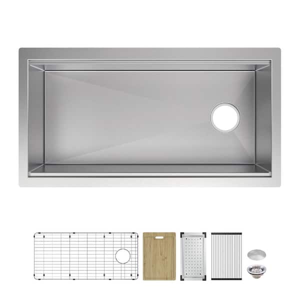 Professional Zero Radius 36 in Undermount Single Bowl 16 Gauge Stainless Steel Workstation Kitchen Sink with Accessories