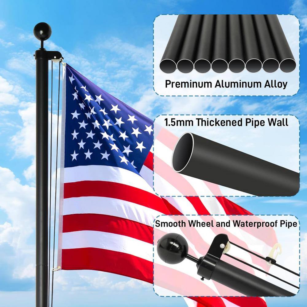 20FT Black Heavy Duty Aluminum Sectional Flagpole Kit with Golden Ball Topper