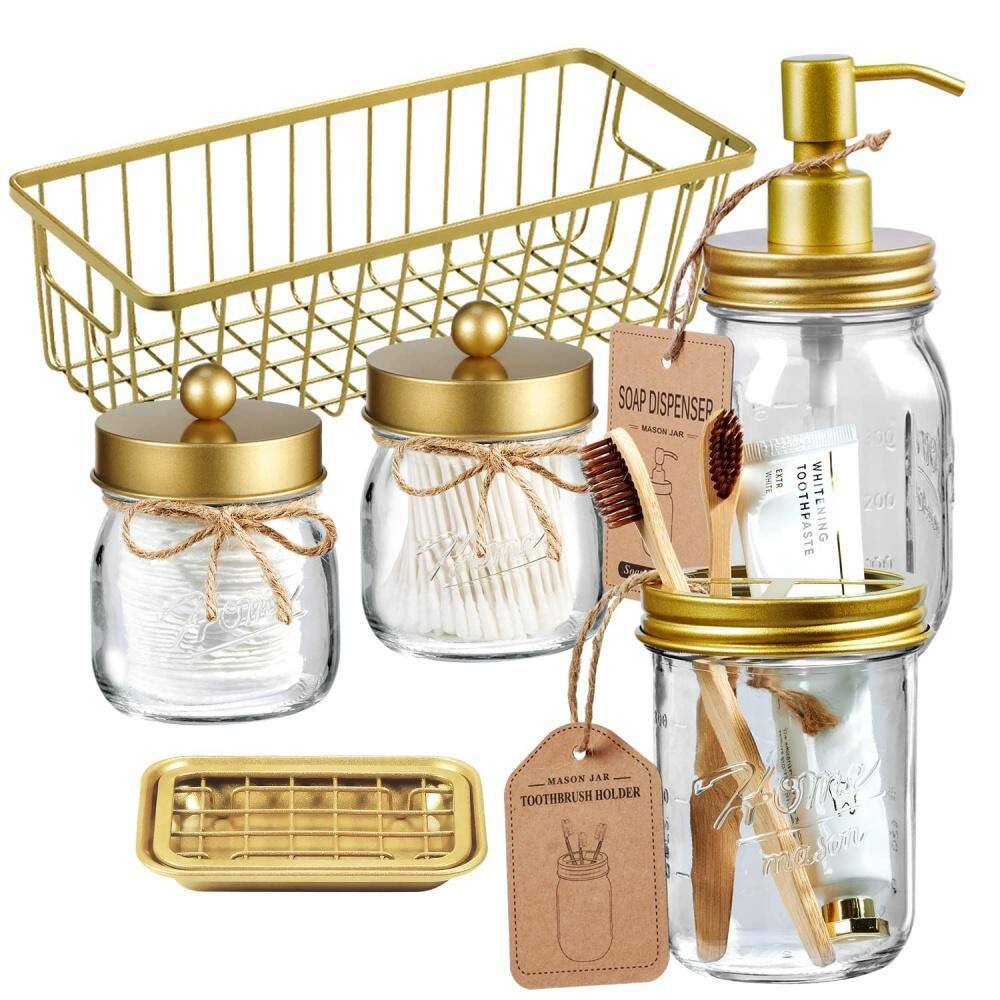 6-Pack Bathroom Accessories Set with Lotion Dispenser, Toothbrush Holder, Mason Jars, Basket and Soap Dish, Gold price history on PriceWatchPro