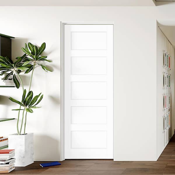 30 in. x 80 in. 5 -Panel, Composite, White Primed, MDF Prehung Interior Door Left-Handed with Door Jamb and Hardware Kit