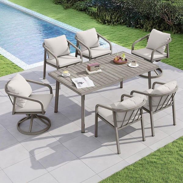 CikaCika Bone Gray 7-Piece Aluminum Outdoor Dining Set with Beige