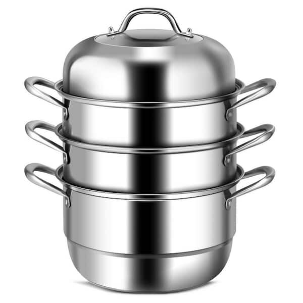 ANGELES HOME 3-Tier 11.6 qt. Stainless Steel Steamer Insert Saucepot  Stock Pot with Lid, Safe Loop Handles