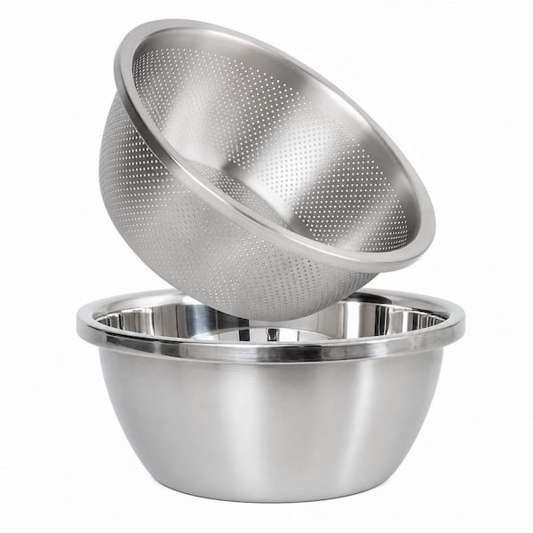 2-Piece 2 qt. Stainless Steel Microporous Colander with Mixing Bowl for Washing Vegetables, Fruit and Rice