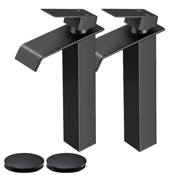Single Handle Single Hole Waterfall Vessel Sink Faucet in Matte Black (2-Pack)