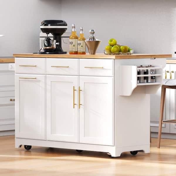 Rolling White Drop Leaf Rubber Wood Top 59 in. Kitchen Island with Power Outlet, Trash Can Storage