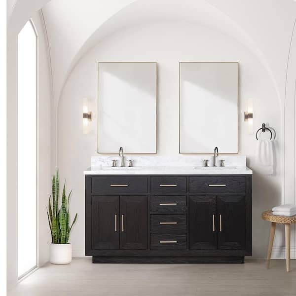 Condor 60 in W x 22 in D Black Oak Double Bath Vanity and Carrara Marble Top