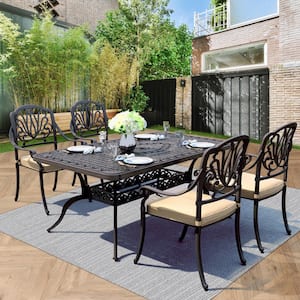 Classic Dark Brown 5-Piece Cast Aluminum Rectangle Outdoor Dining Set W/ Table and Stackable Chairs with khaki Cushions