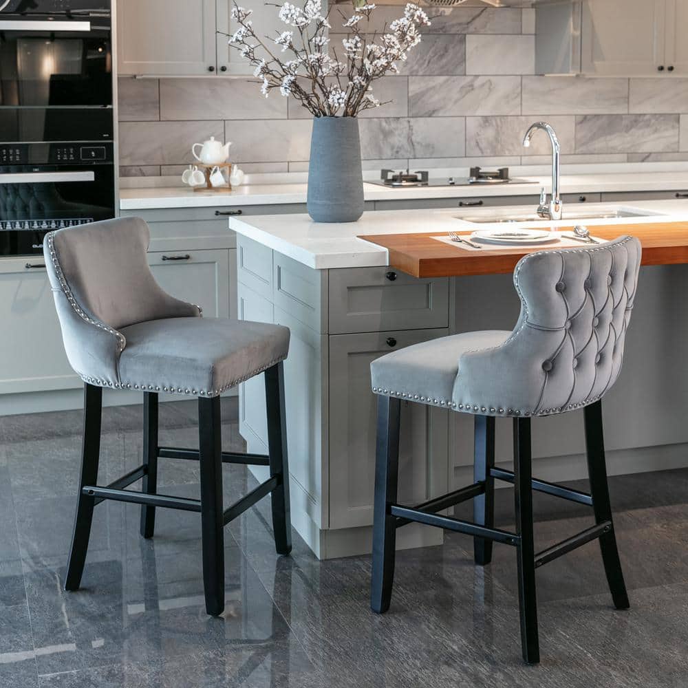 CSC DECOR INC Gray Wing Back Wood Bar Stool Tufted