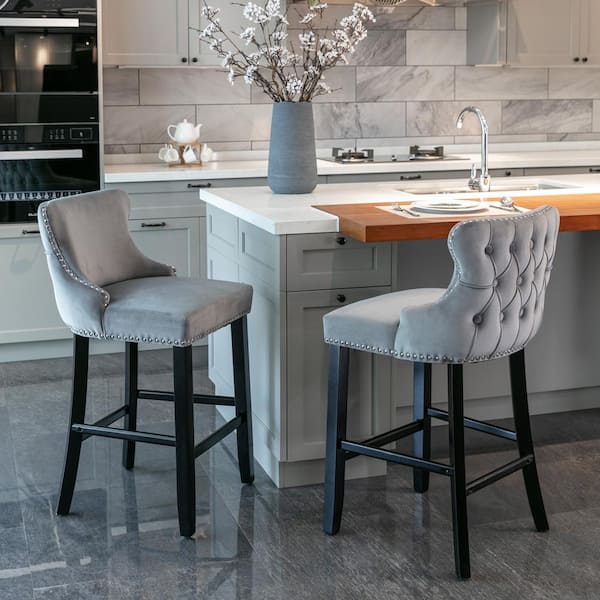 26.7 in. Gray Wing Back Wood Bar Stool Tufted Upholstered Velvet Counter Stools (Set of 2)