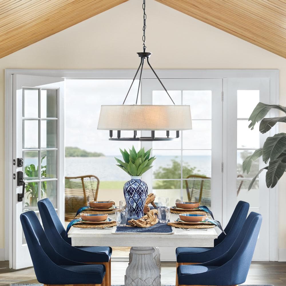 Elegant Antique Bronze 6-Light Chandelier with Summer Linen Shade