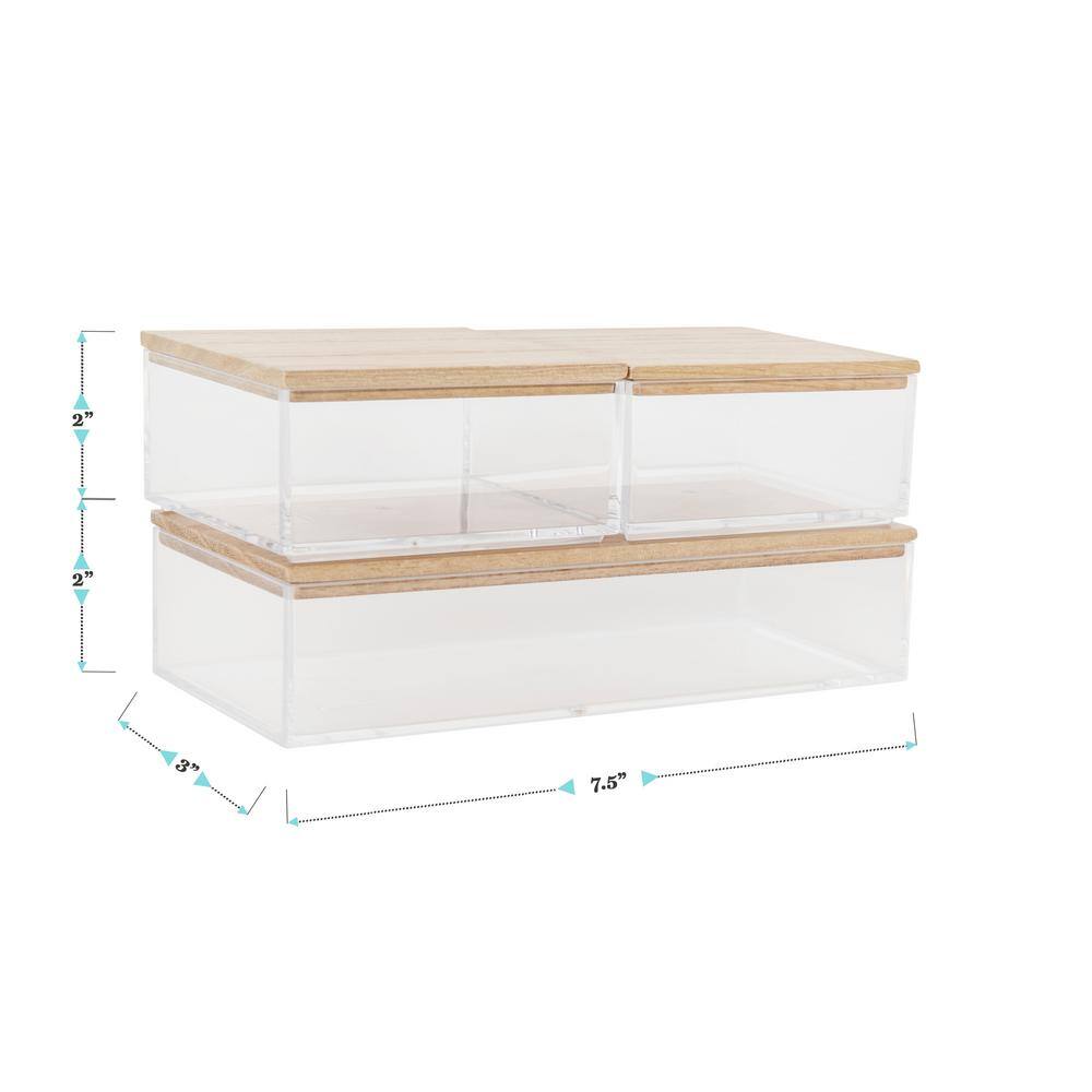 Clear Stackable Plastic Organizer Bins with Light Wood Lids, Set of 3