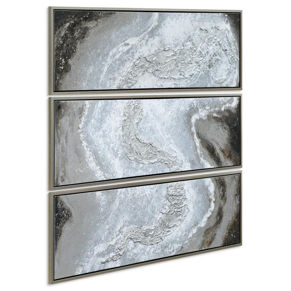 Iced Textured Abstract Triptych Oil Painting with Champagne Frame