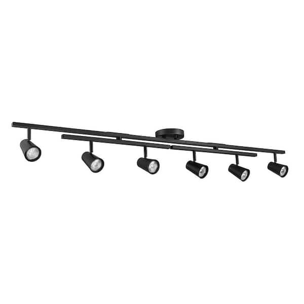 51 in. 6-Light Hard Wired Matte Black Adjustable Track Lighting Kit, Centered Swivel Bars, Pivoting Cylinder Track Heads