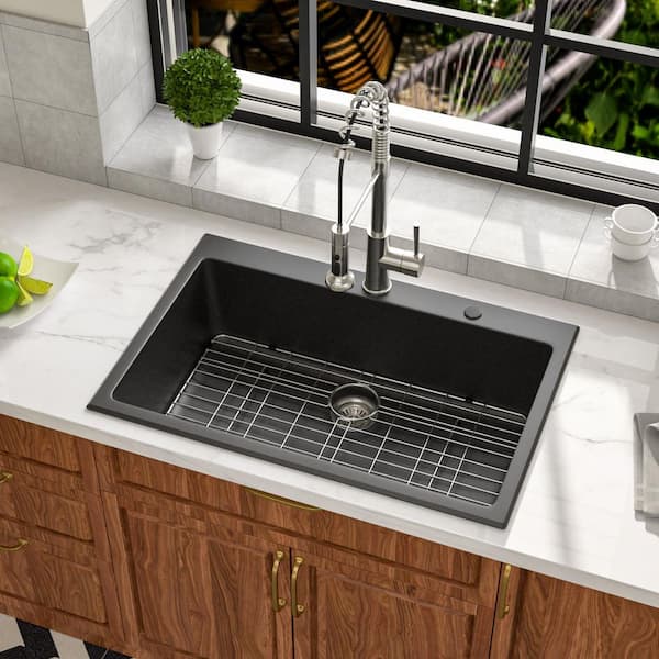 33 in. x 22 in. Matte Black Topmount Single Bowl Granite/Quartz Composite Drop-In Kitchen Sink with Bottom Grids