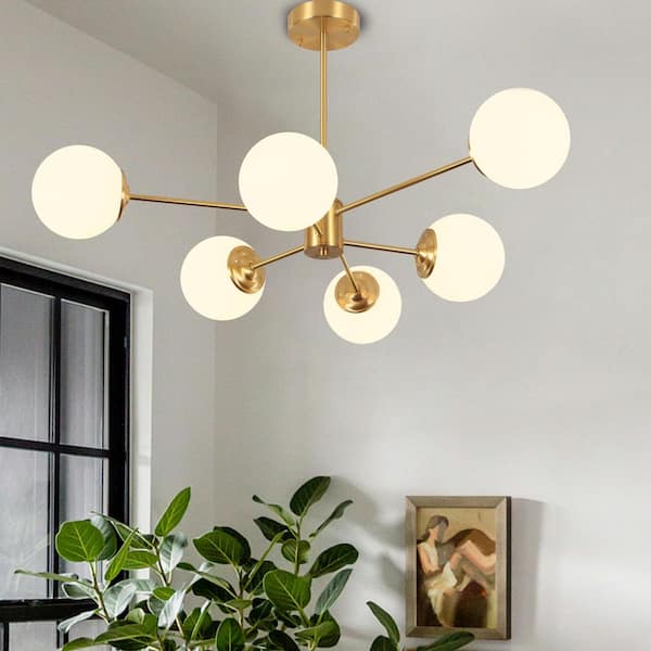 Y'INSP 6-Light Brass Mid-century Modern Sputnik Chandelier for Dining Room with Frosted Glass Shades and No Bulbs Included