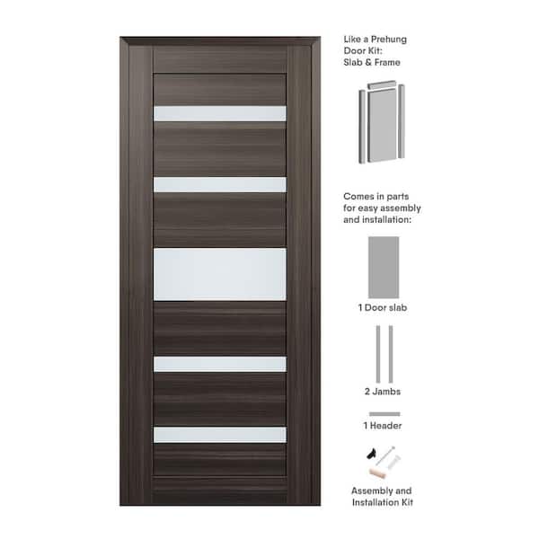 24 in. x 84 in. Gina Right-Hand Solid Core 5-Lite Frosted Glass Gray Oak Wood Composite Single Prehung Interior Door