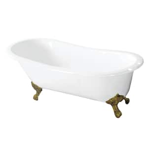 57 in. Cast Iron Slipper Clawfoot Bathtub in White with 7 in. Deck Holes, Feet in Polished Brass