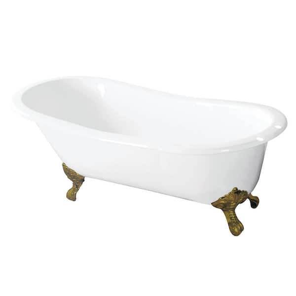 Aqua Eden 57 in. Cast Iron Slipper Clawfoot Bathtub in White with 7 in. Deck Holes, Feet in Polished Brass