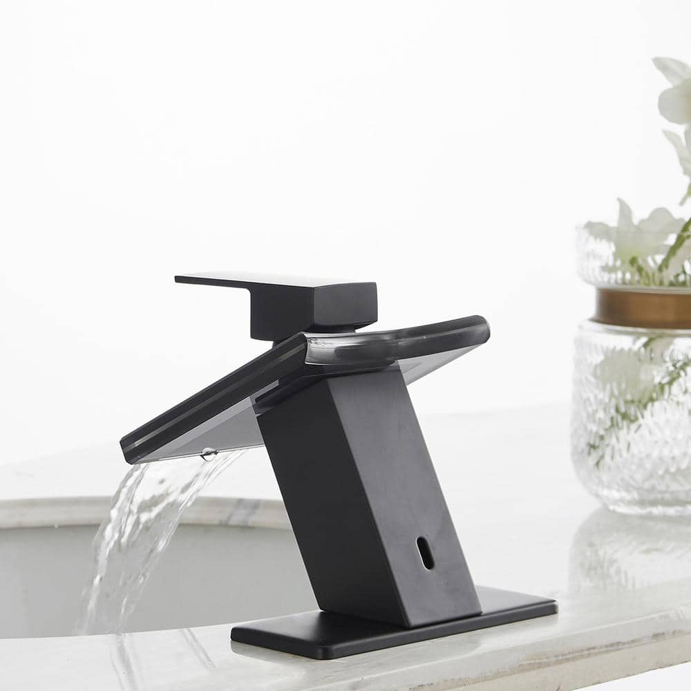 Matte Black Glass Waterfall Bathroom Faucet with Brass Handle