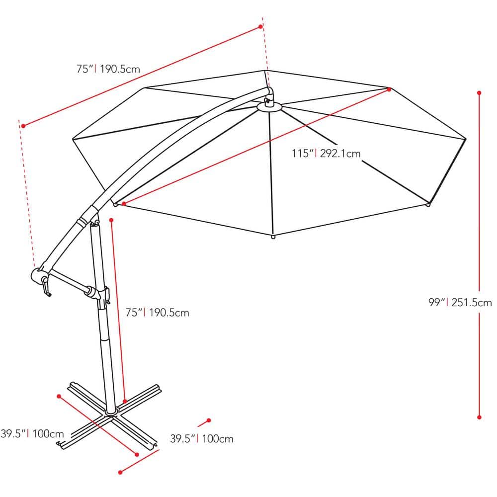 9.5' Red UV Resistant Offset Tilting Patio Umbrella with Steel Frame