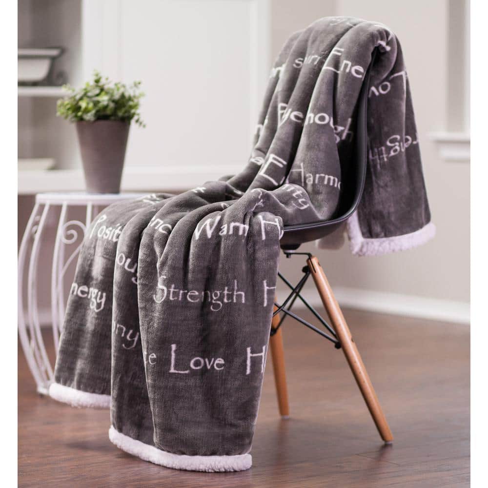 Gray Faux Fur and Sherpa Throw Blanket with Inspirational Words