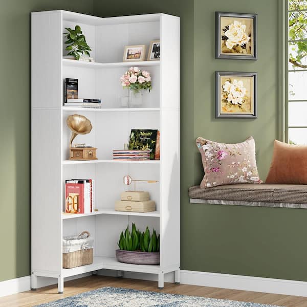 Eulas 71 in. Tall White Wood 6-Shelf Standard Bookcase Industrial Etagere Bookcase, Freestanding Corner Bookshelves