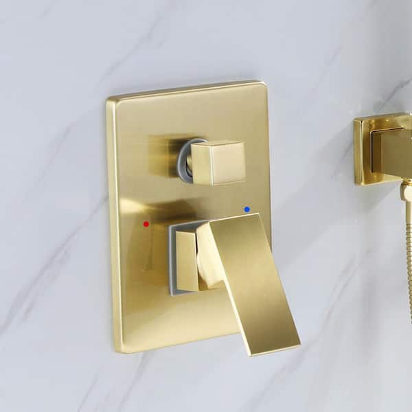 Single-Handle Wall-Mount Roman Tub Faucet with Hand Shower 3-Hole in Brushed Gold
