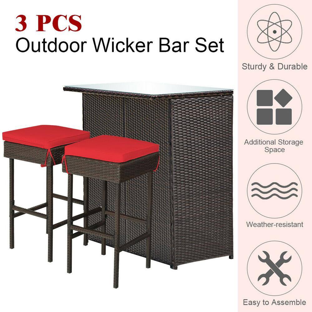 3-Piece Brown Rattan Wicker Bar Set with Red Cushions