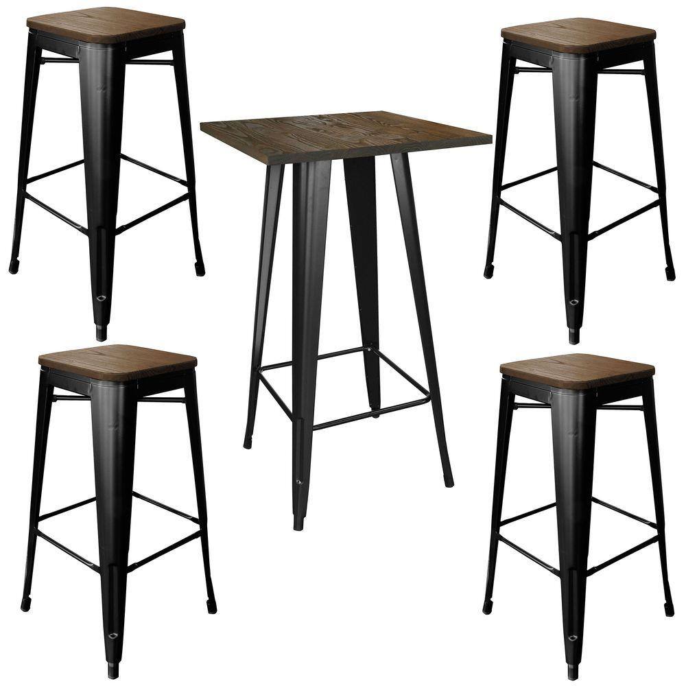 Amerihome Loft Style Black Metal Bar Set Table And Stools With Dark Elm Wood Top 5 Piece 801132 The Home Depot