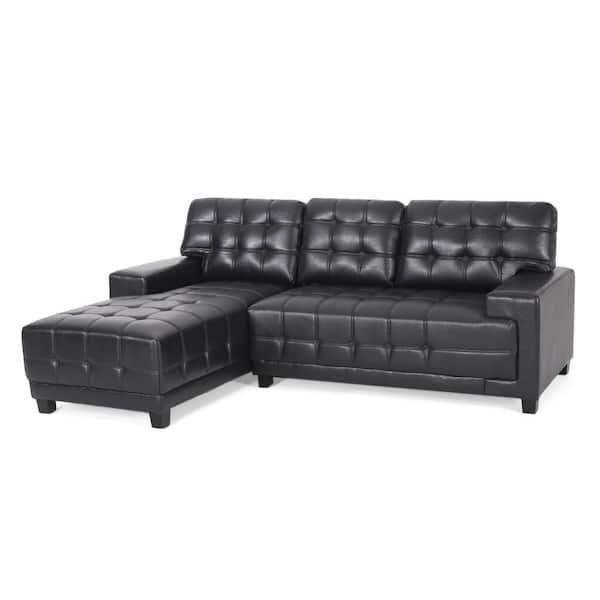 Noble House Berkamn 88 in. W 2-Piece Faux Leather Sectional and Chaise Lounge Sectional Set in Midnight Black