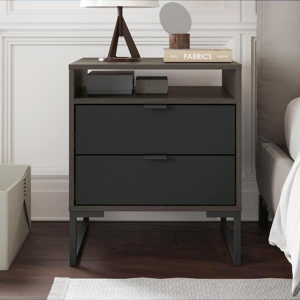 K1 INTERNATIONAL GROUP L Meridian 2-Drawer Nightstand with Niche in Black / Dark Brown 24.4 in. H x 21.25 in. W x 17.7 in. D