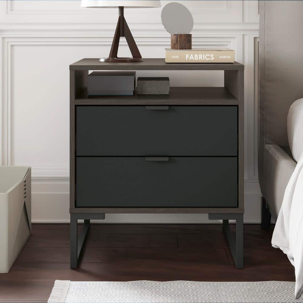 Meridian 2-Drawer Nightstand with Niche in Black / Dark Brown 24.4 in. H x 
