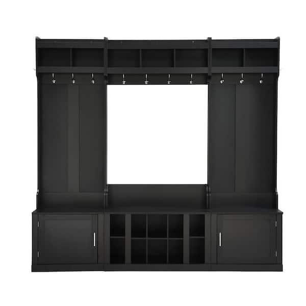 Wide Hall Tree Entryway Bench with Storage Coat Rack Shoe Cubbies 4-in-1 Multifunctional Black