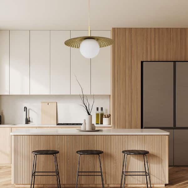 1-Light Golden Diffuser Pendant Light with Metal Pleated Gold Shade and White Glass Shade
